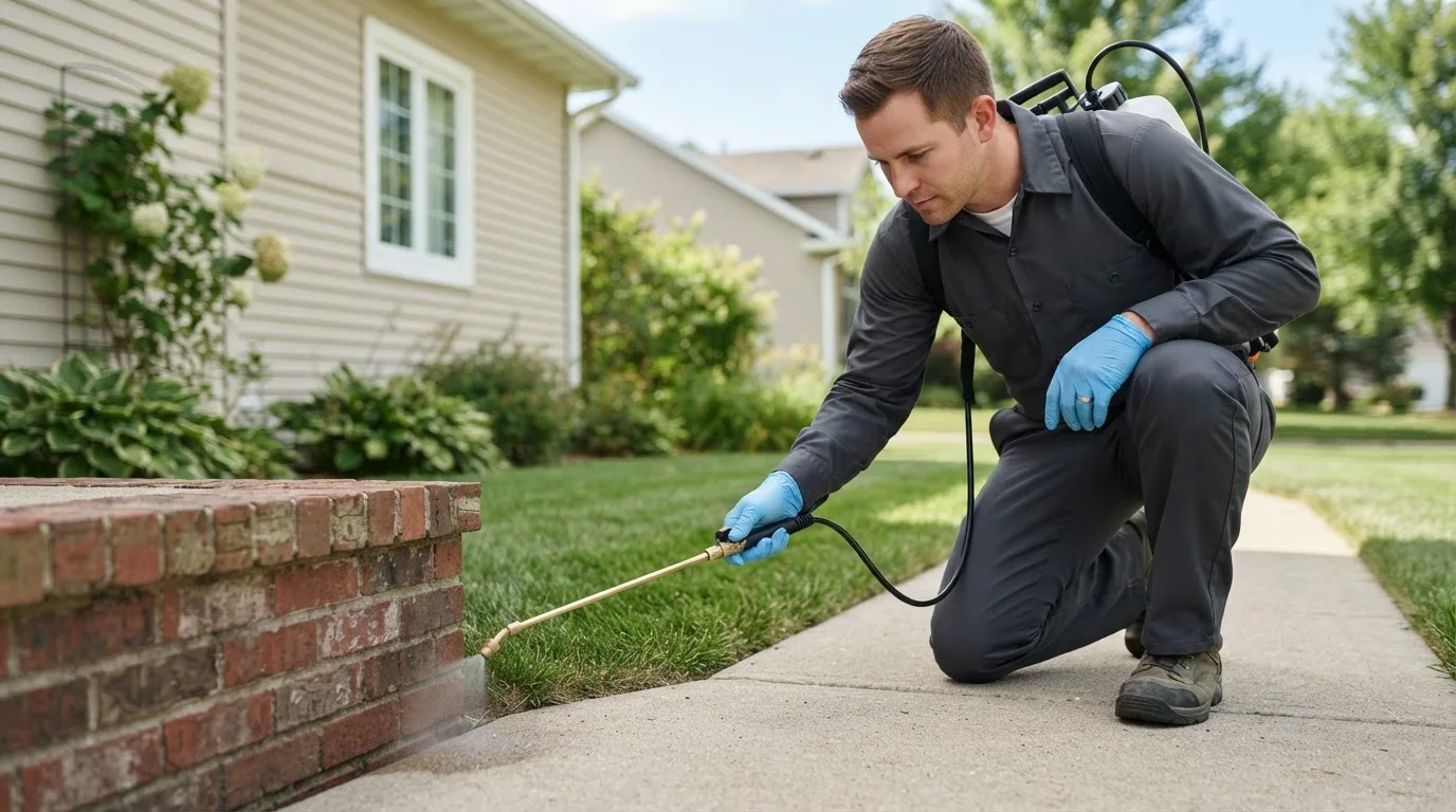 Pest control technician treating a home near Bergen, NY